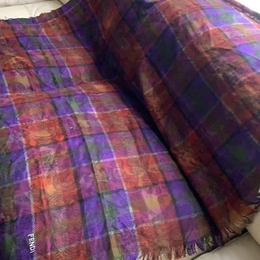 Authentic FENDI scarf wrap blanket fringe‎ plaid logo oversized luxury purple